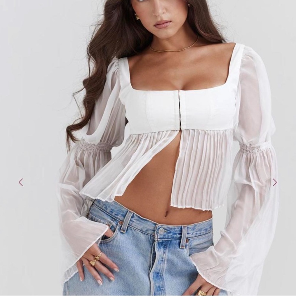 House of CB London Lucie White Pleated Long Sleeve Top Size S